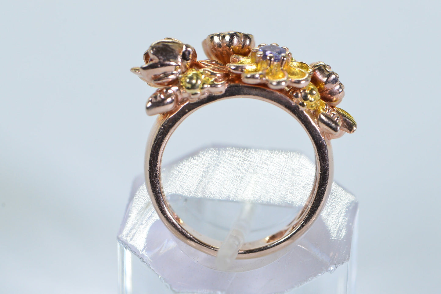 Multi Gemstone Flower Ring: Ruby, Tanzanite, Pearl, Rose Gold Vermeil, Size 6