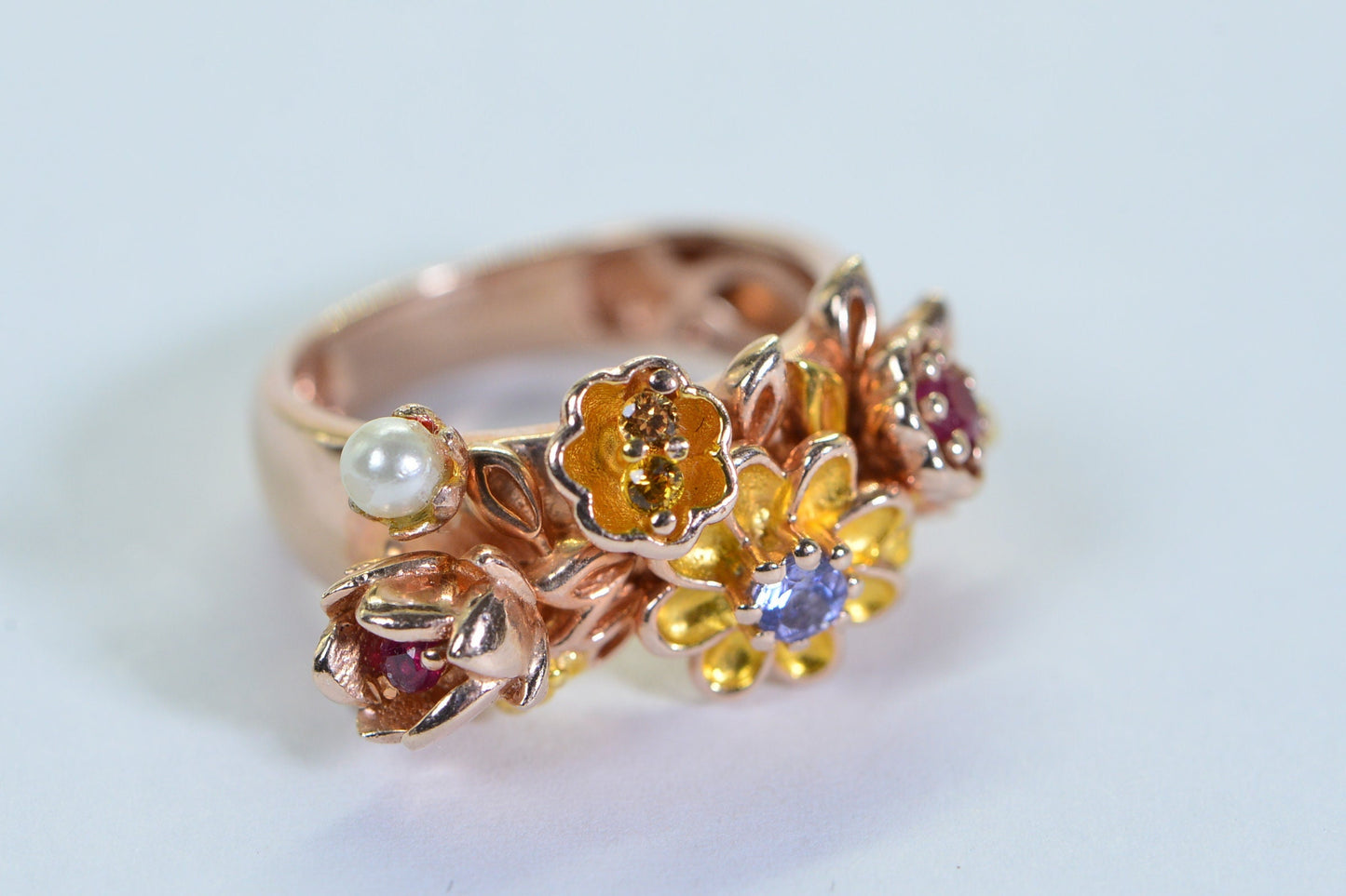 Multi Gemstone Flower Ring: Ruby, Tanzanite, Pearl, Rose Gold Vermeil, Size 6
