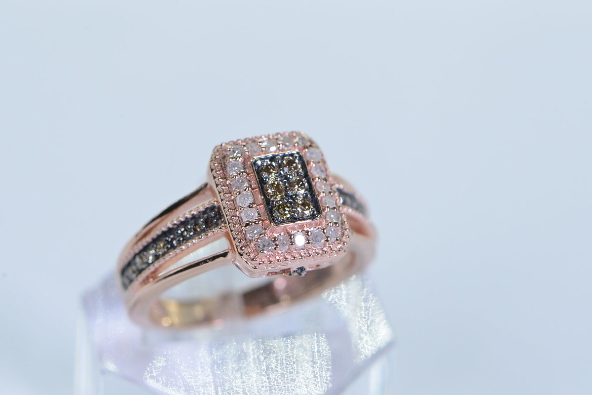 Halo Diamond Ring: Rose Gold Vermeil White & Brown Diamonds 7US size ring