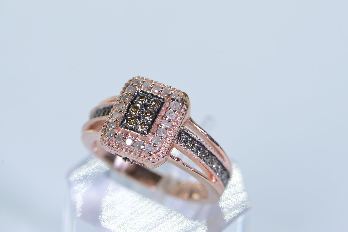 Halo Diamond Ring: Rose Gold Vermeil White & Brown Diamonds 7US size ring