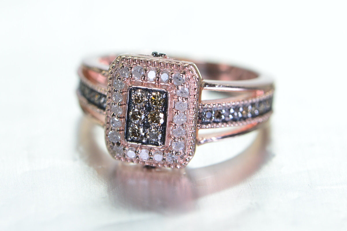 Halo Diamond Ring: Rose Gold Vermeil White & Brown Diamonds 7US size ring