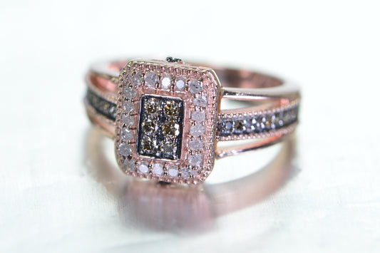 Halo Diamond Ring: Rose Gold Vermeil White & Brown Diamonds 7US size ring