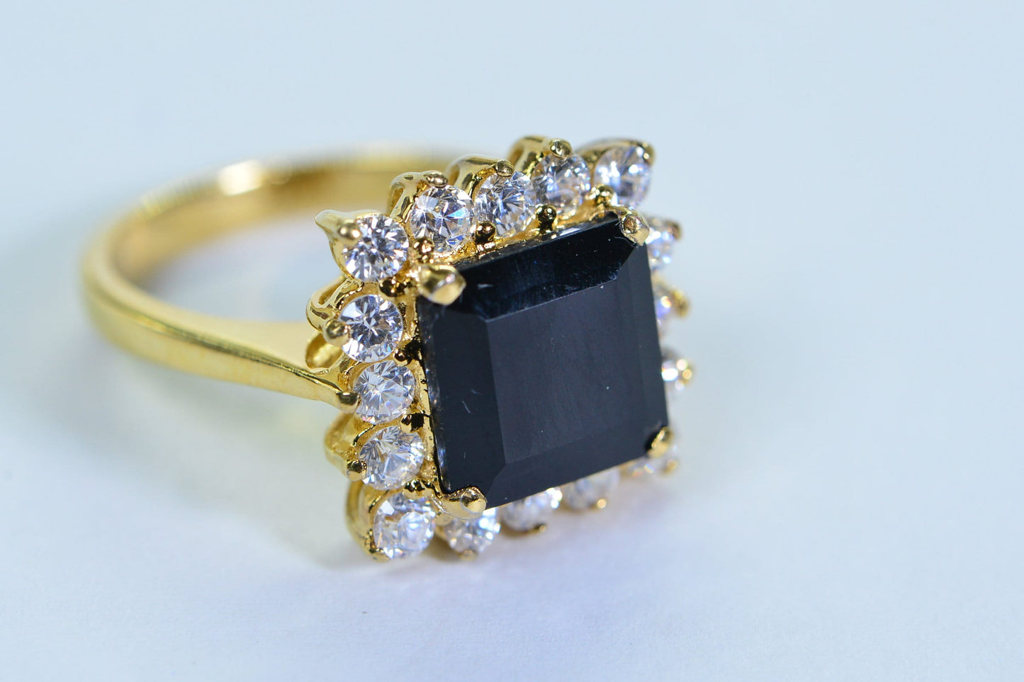 Vintage Black Onyx Halo Ring: 24K Gold Vermeil Sterling Silver