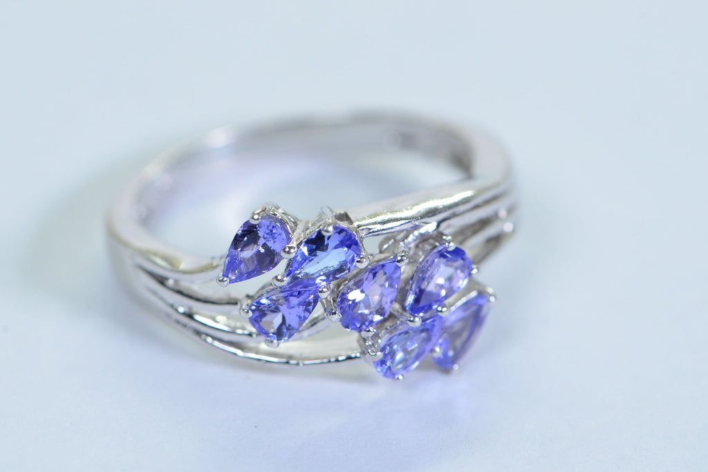 Genuine Tanzanite Pear Cut Ring: Sterling Silver Leaf Cluster, December Birthstone