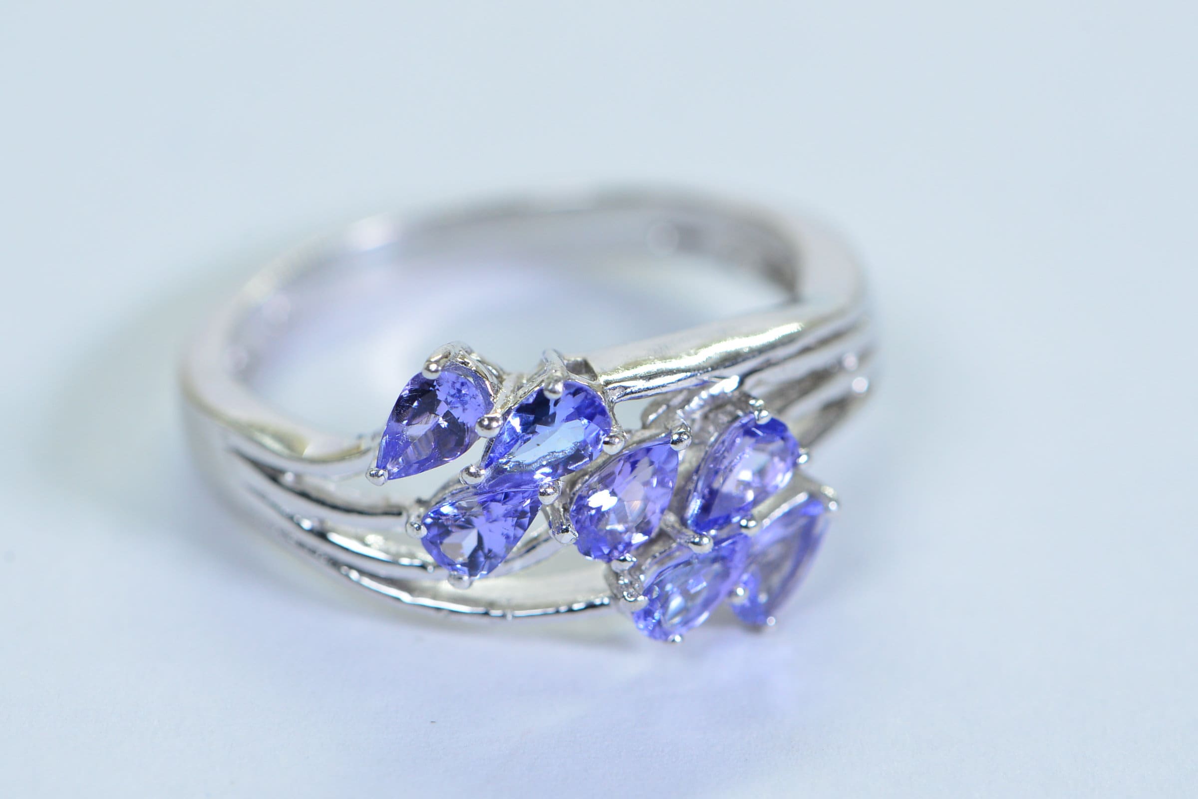 Genuine Tanzanite Pear Cut Ring: Sterling Silver Leaf Cluster, December Birthstone