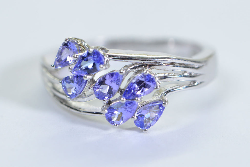 Genuine Tanzanite Pear Cut Ring: Sterling Silver Leaf Cluster, December Birthstone