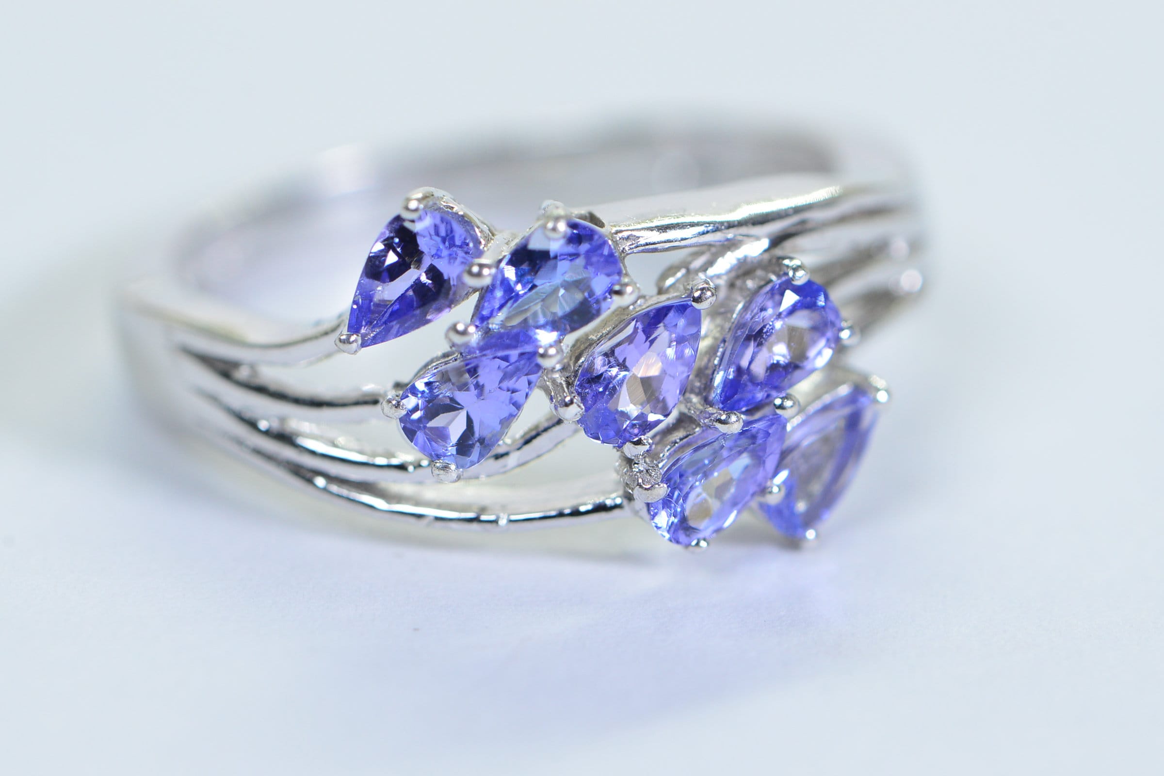 Genuine Tanzanite Pear Cut Ring: Sterling Silver Leaf Cluster, December Birthstone