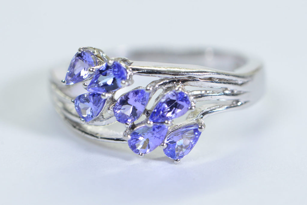 Genuine Tanzanite Pear Cut Ring: Sterling Silver Leaf Cluster, December Birthstone