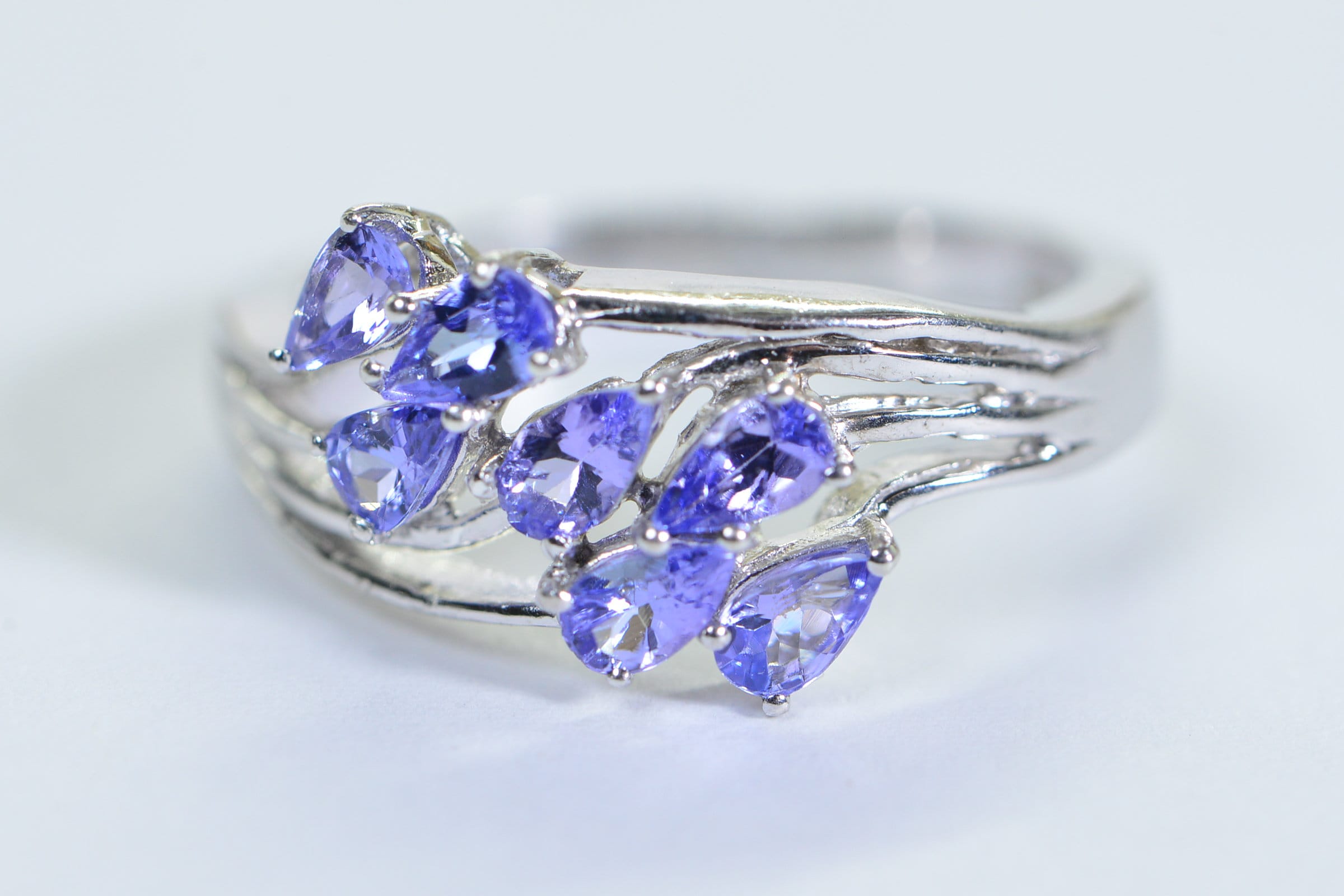 Genuine Tanzanite Pear Cut Ring: Sterling Silver Leaf Cluster, December Birthstone