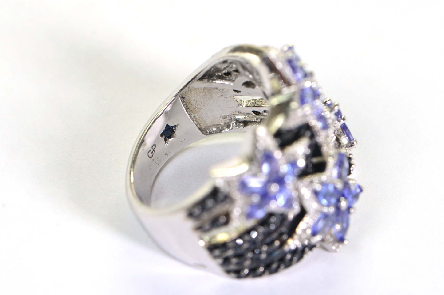 Black Spinel Tanzanite  Blue Sapphire Star Ring Gold Plated Over Sterling Silver Massive Ring