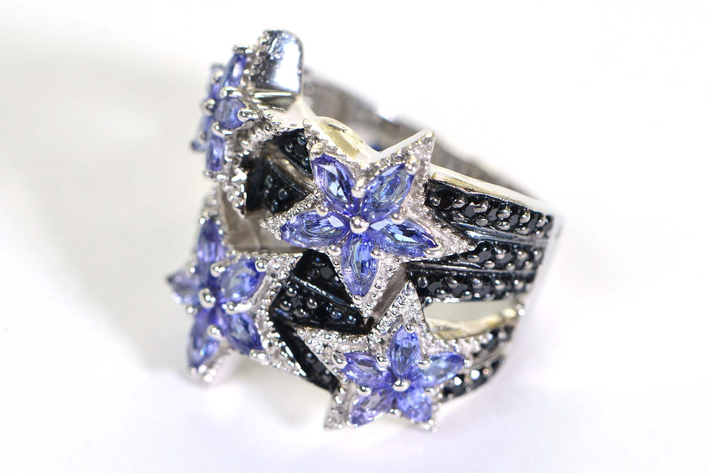 Black Spinel Tanzanite  Blue Sapphire Star Ring Gold Plated Over Sterling Silver Massive Ring