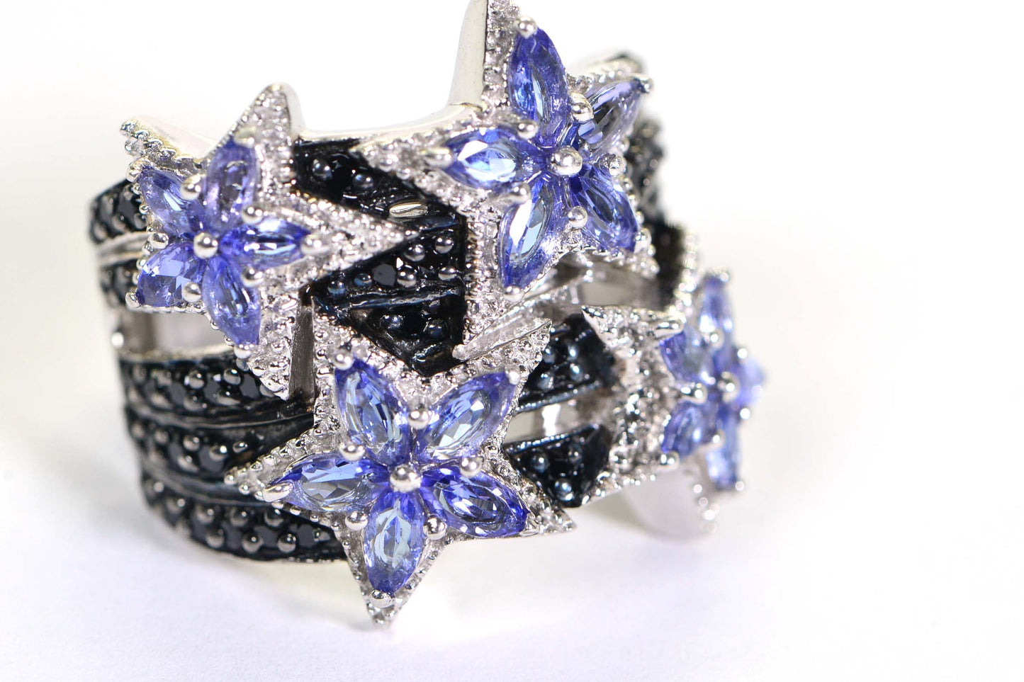 Black Spinel Tanzanite  Blue Sapphire Star Ring Gold Plated Over Sterling Silver Massive Ring