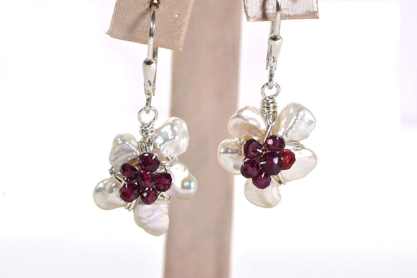 Sterling Silver Flower Earrings: Garnet & Pearl Dangle Earrings