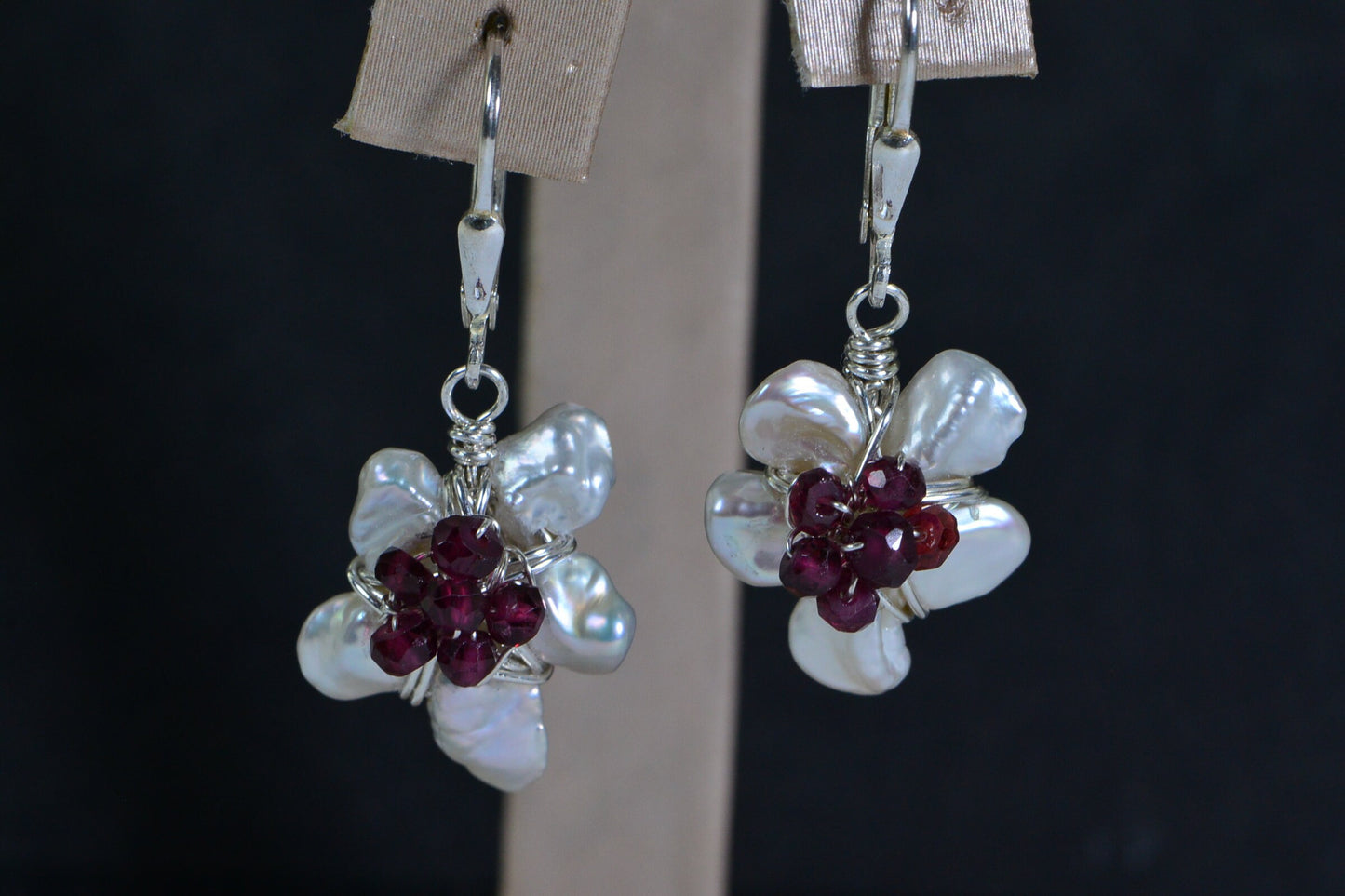 Sterling Silver Flower Earrings: Garnet & Pearl Dangle Earrings