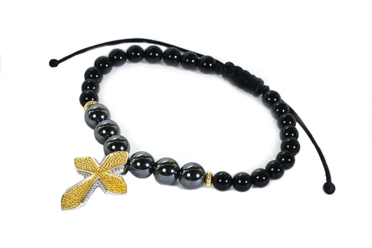 Hematite & Onyx Beaded Bracelet with Gold Cross: Adjustable Macrame Cord