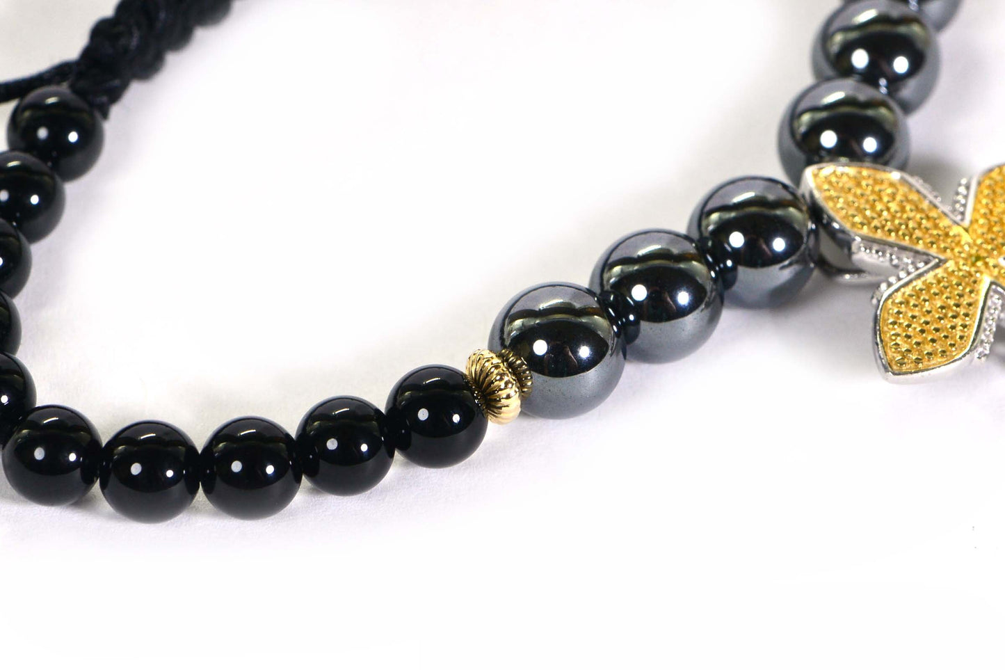 Hematite & Onyx Beaded Bracelet with Gold Cross: Adjustable Macrame Cord