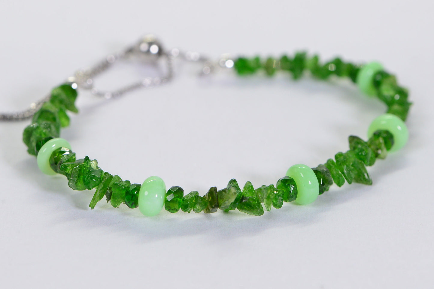 Moldavite, Diopside & Green Opal Beaded Bracelet - Sterling Silver Bolo