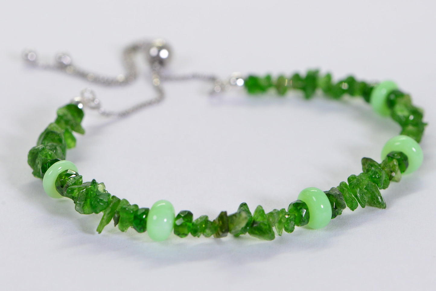 Moldavite, Diopside & Green Opal Beaded Bracelet - Sterling Silver Bolo