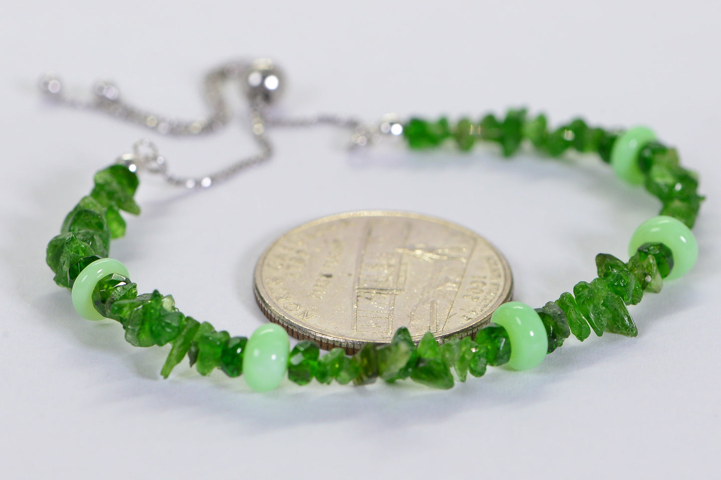Moldavite, Diopside & Green Opal Beaded Bracelet - Sterling Silver Bolo