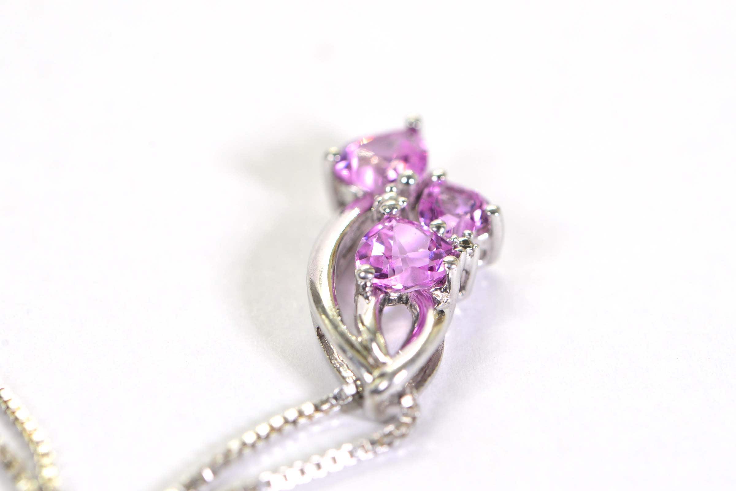 Pink Sapphire Three Hearts Pendant: Rhodium Sterling Silver Necklace