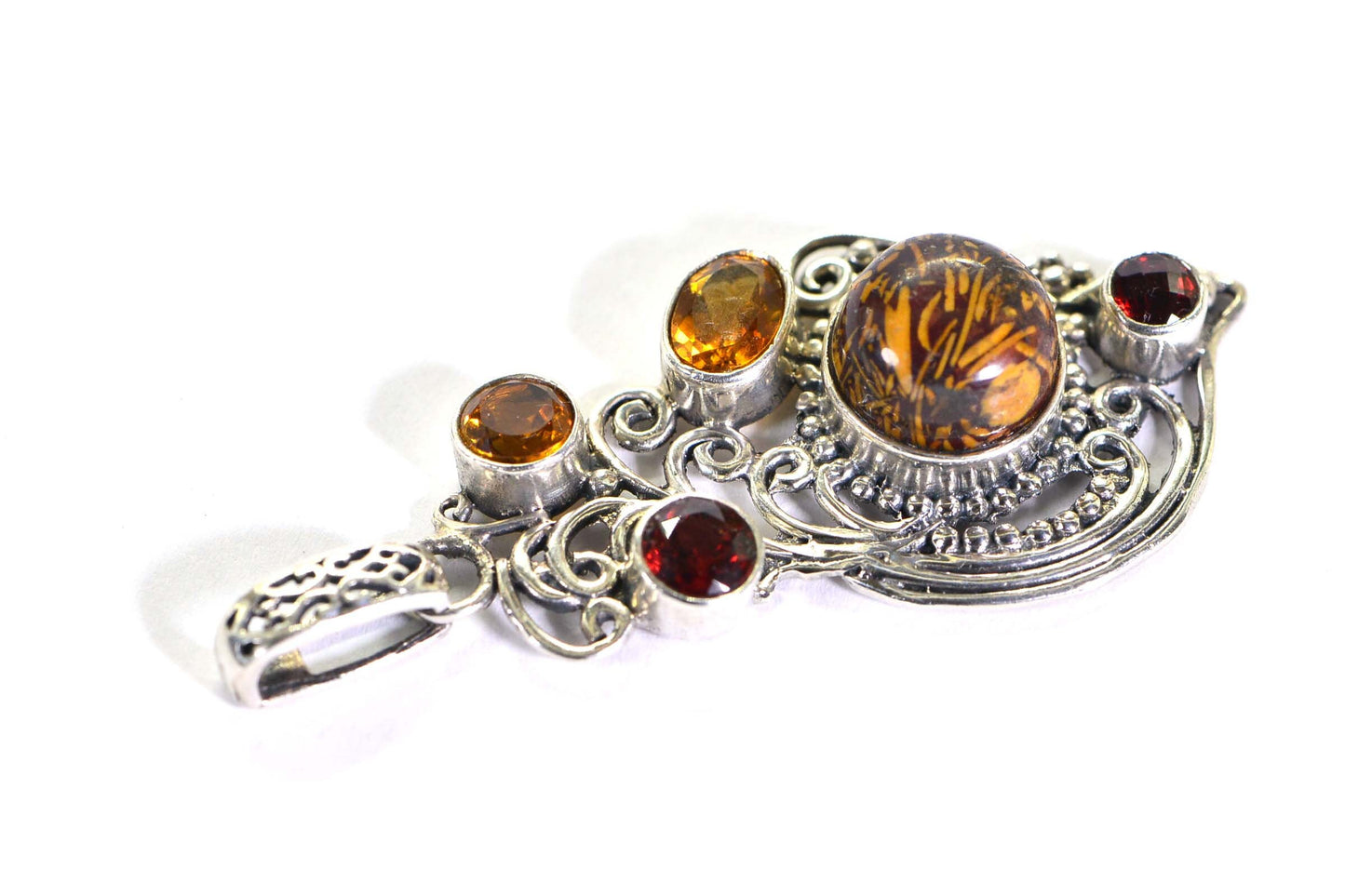 Vintage Dinosaur Bone Pendant: Garnet, Citrine, Filigree Sterling Silver