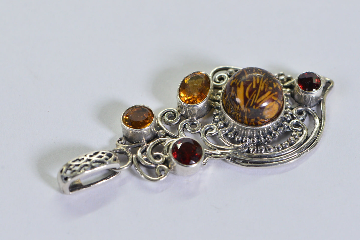 Vintage Dinosaur Bone Pendant: Garnet, Citrine, Filigree Sterling Silver