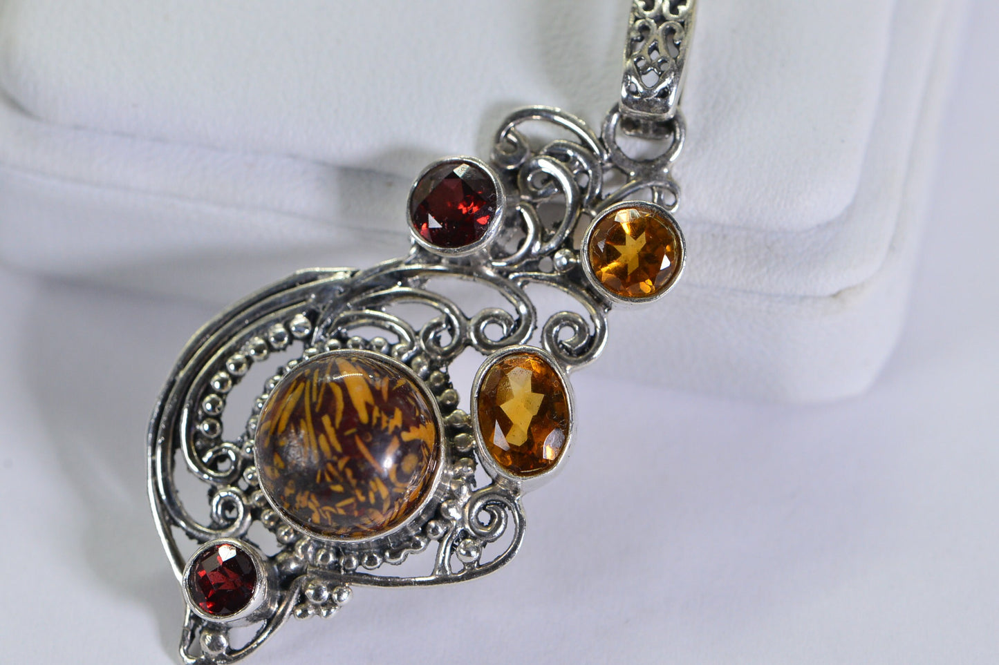 Vintage Dinosaur Bone Pendant: Garnet, Citrine, Filigree Sterling Silver