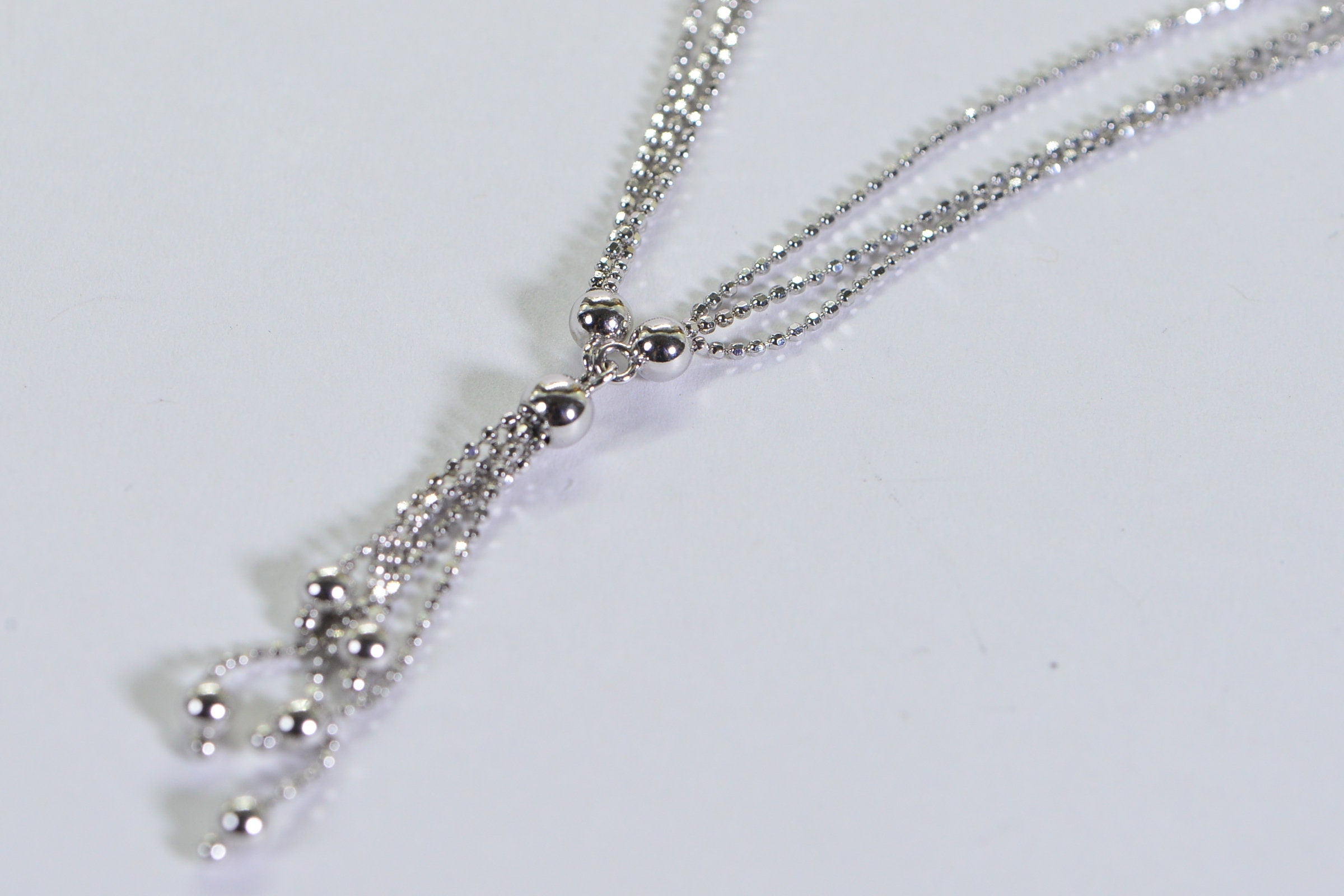 Sterling Silver Lariat Necklace: Multi Strand Beaded Ball Chain