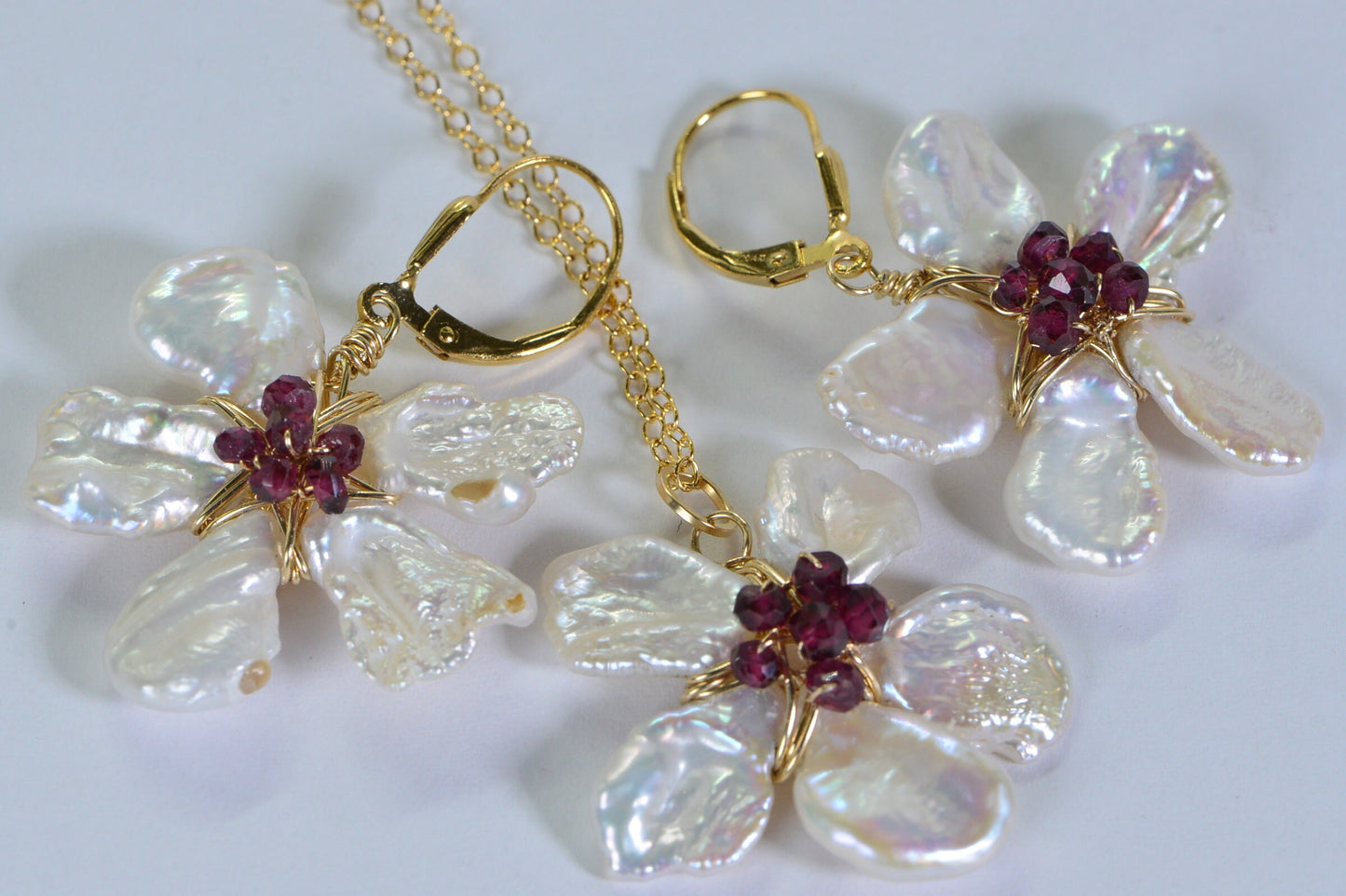 14K Gold Filled Flower Earrings: Keishi Pearl & Garnet Blossom Jewelry Set