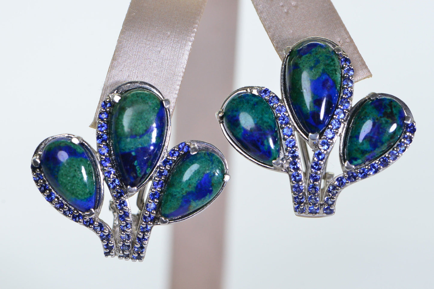 Azurite Malachite Sapphire Earrings: Sterling Silver Teardrop Studs