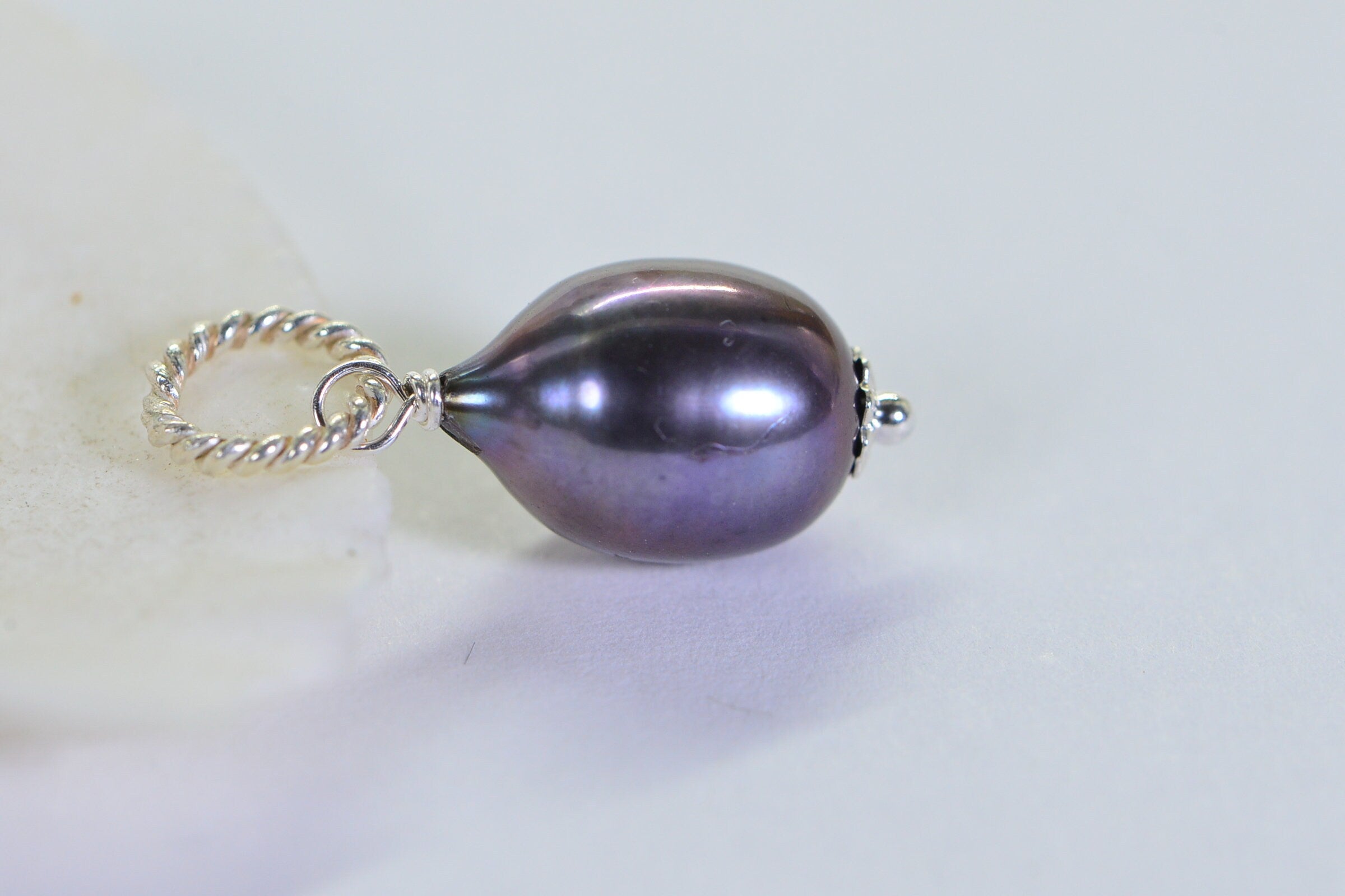Peacock Black Pearl Pendant: Sterling Silver Wire Wrapped Charm
