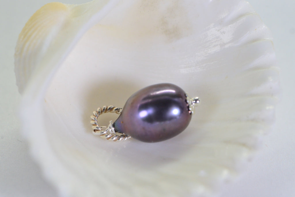 Peacock Black Pearl Pendant: Sterling Silver Wire Wrapped Charm