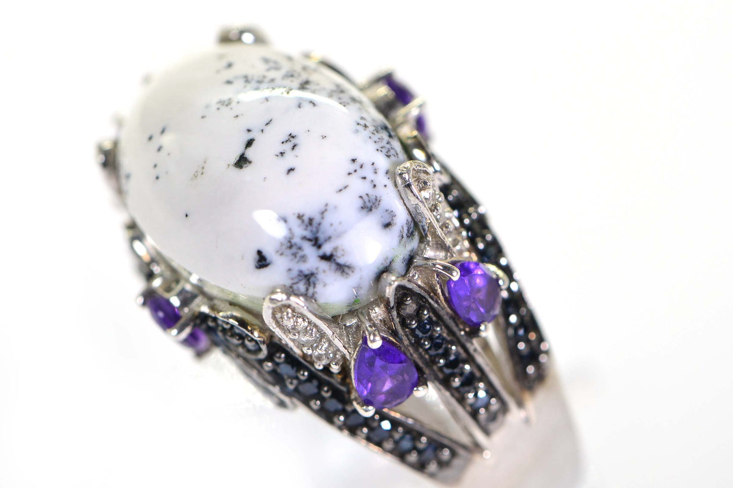 Vintage Dendritic Opal Ring: Sterling Silver Bow, Amethyst & Black Spinel