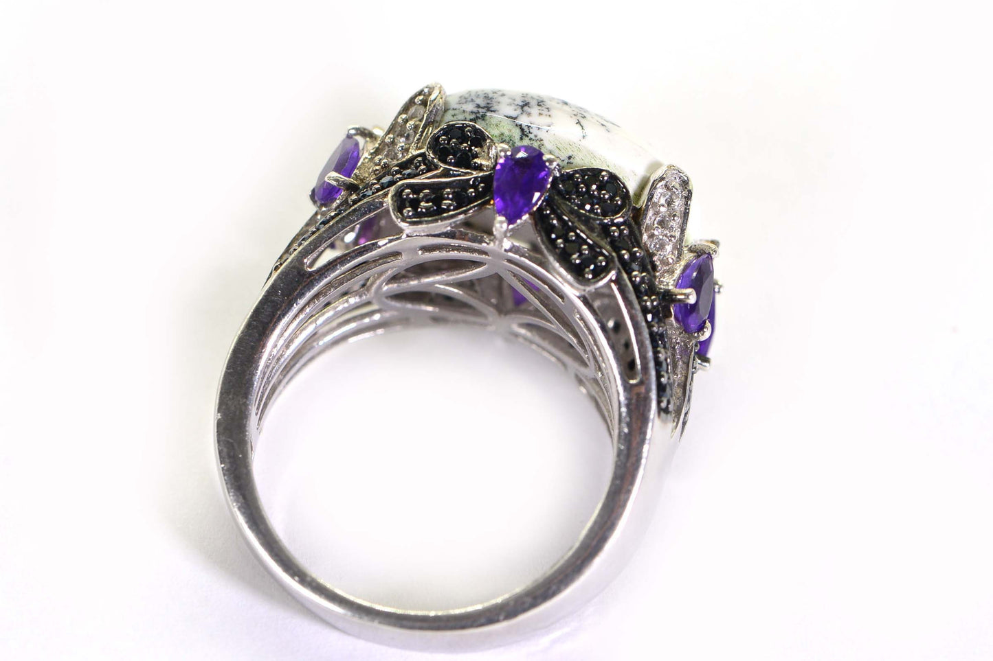 Vintage Dendritic Opal Ring: Sterling Silver Bow, Amethyst & Black Spinel