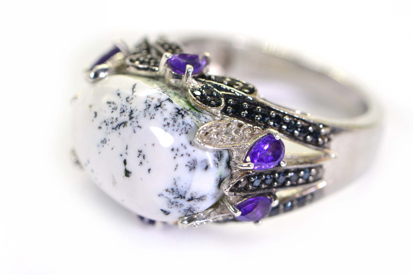 Vintage Dendritic Opal Ring: Sterling Silver Bow, Amethyst & Black Spinel