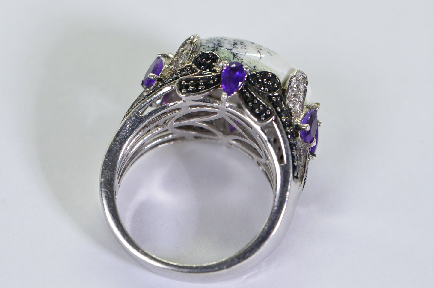 Vintage Dendritic Opal Ring: Sterling Silver Bow, Amethyst & Black Spinel