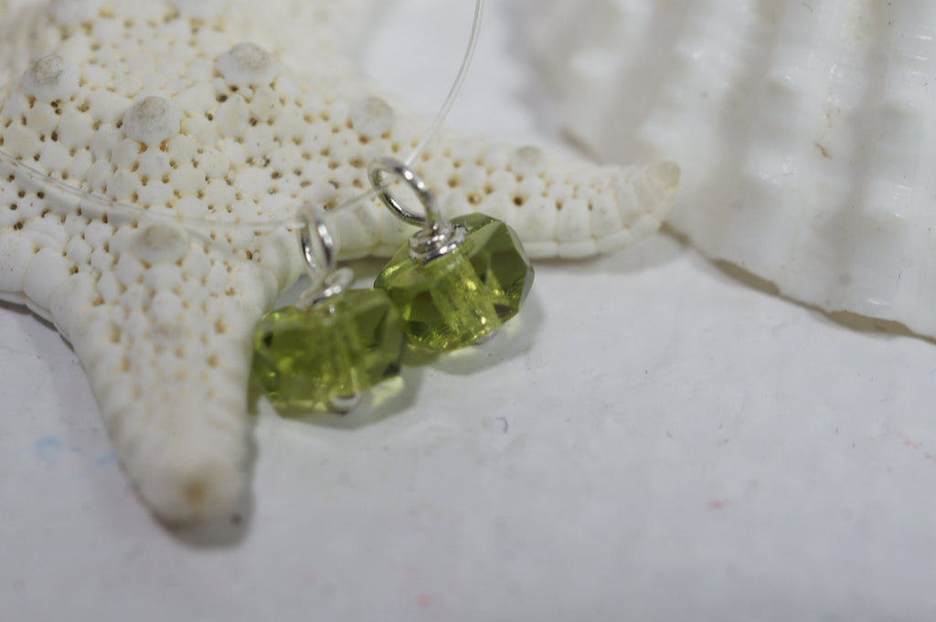 Peridot Glass Beads: Sterling Silver Plated Wire Dangle Charms