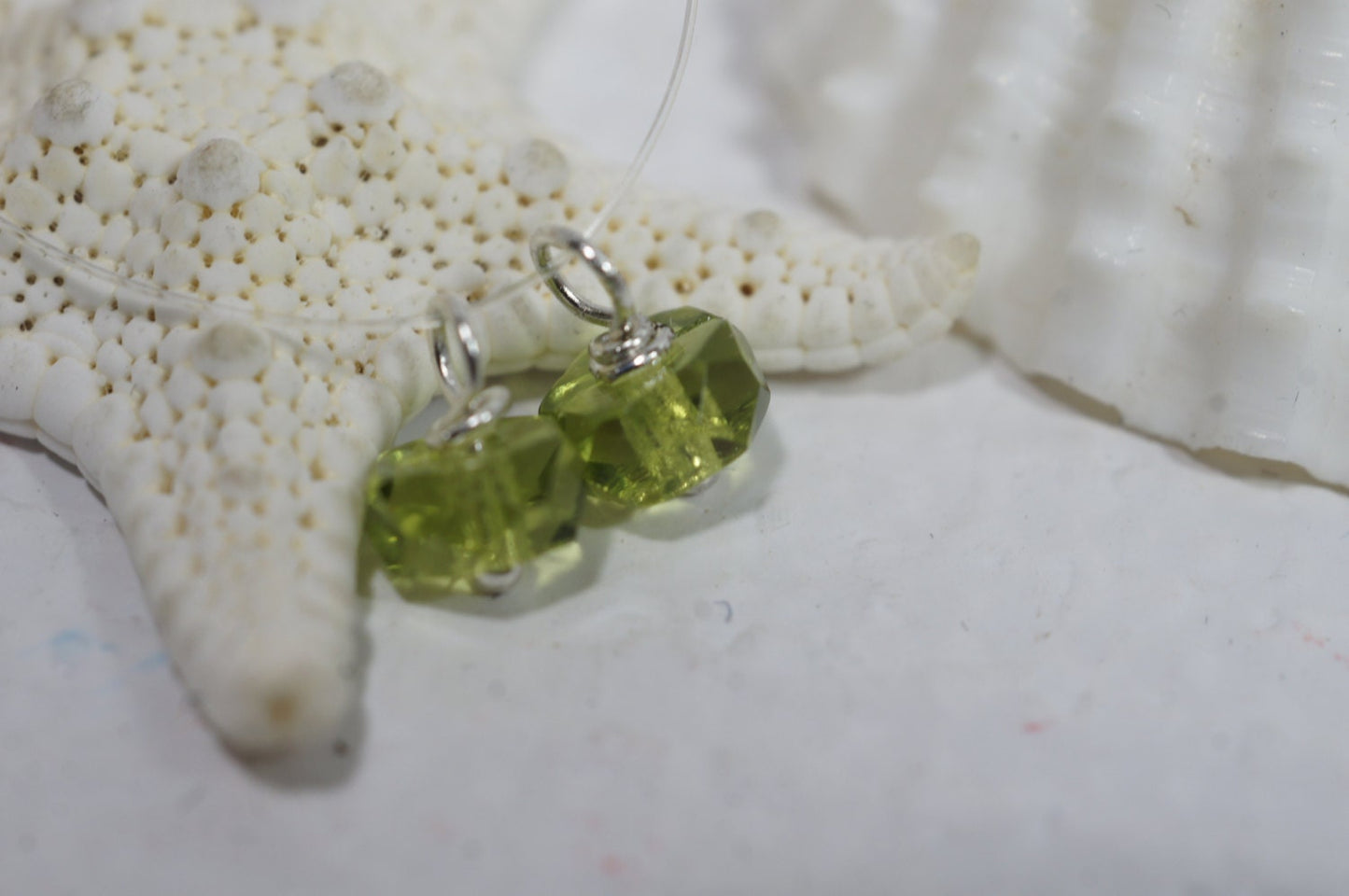 Peridot Glass Beads: Sterling Silver Plated Wire Dangle Charms
