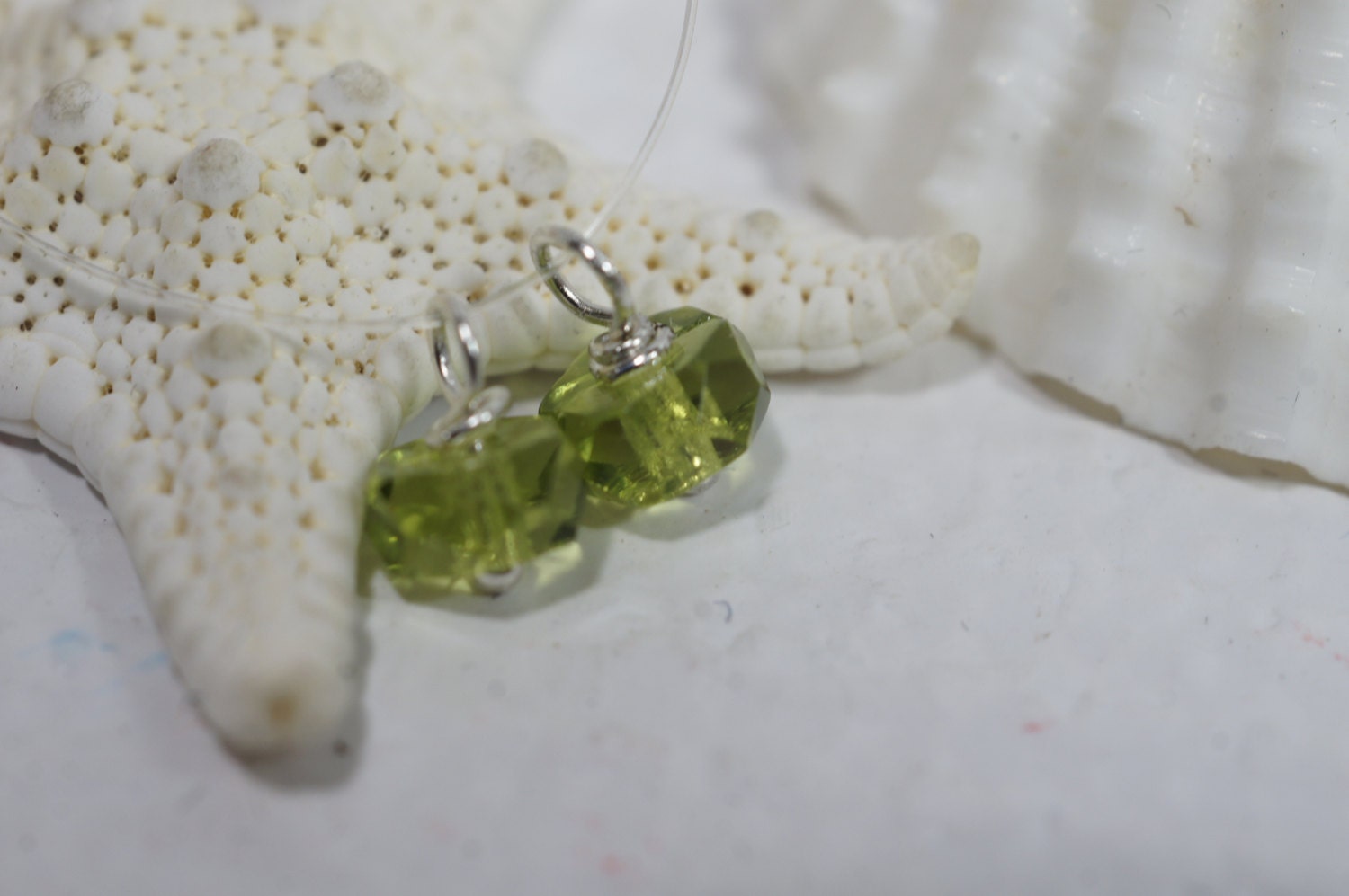 Peridot Glass Beads: Sterling Silver Plated Wire Dangle Charms