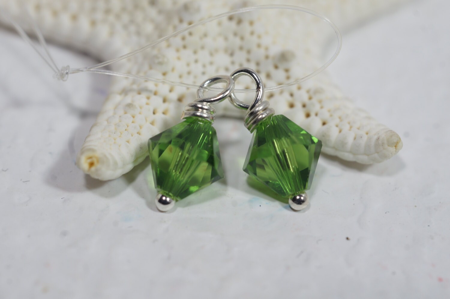 Green Swarovski Crystal Dangle Beads: Sterling Silver Wire Wrapped Charms
