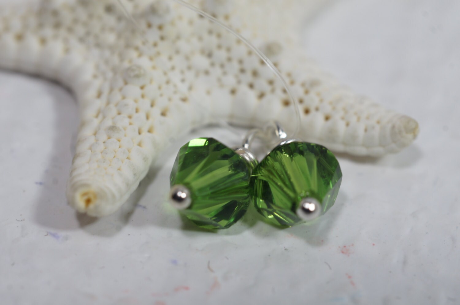 Green Swarovski Crystal Dangle Beads: Sterling Silver Wire Wrapped Charms