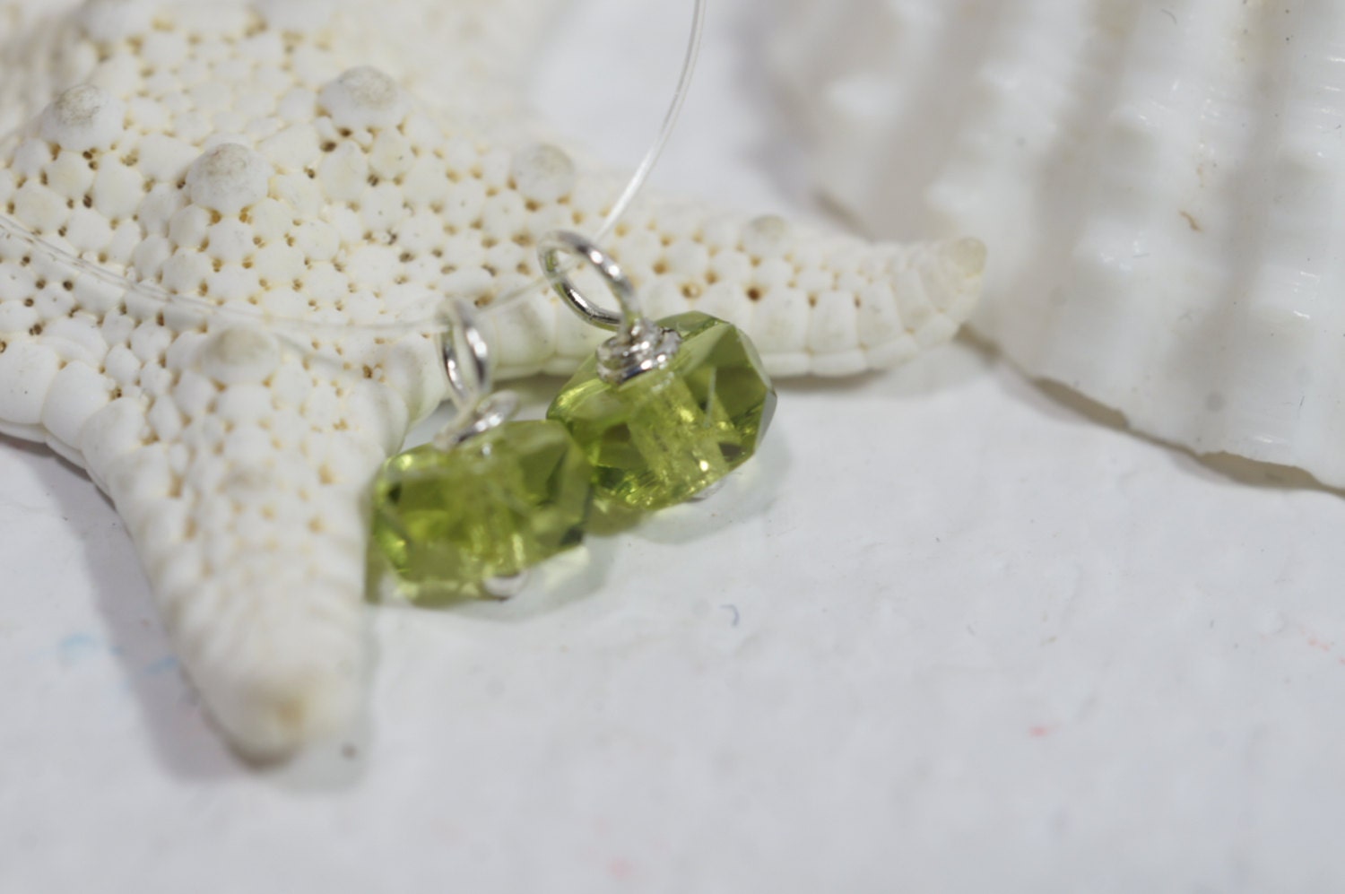 Peridot Glass Beads: Sterling Silver Plated Wire Dangle Charms