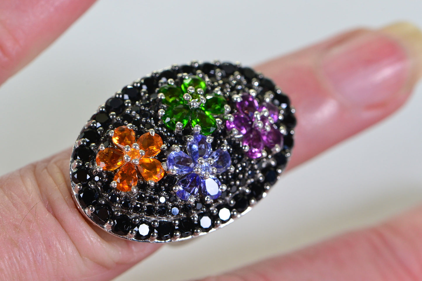 Sterling Silver Multi Gemstone Flower Ring: Black Onyx Cocktail Ring