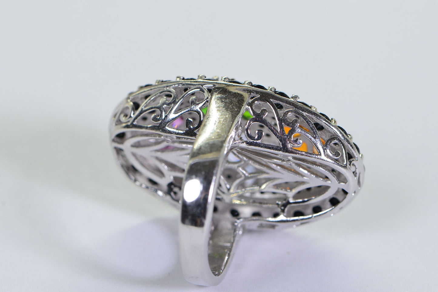 Sterling Silver Multi Gemstone Flower Ring: Black Onyx Cocktail Ring
