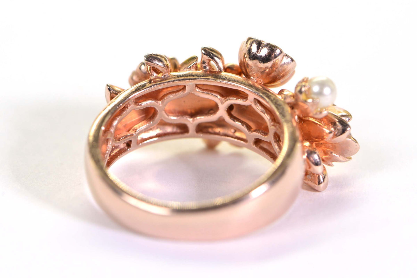 Multi Gemstone Flower Ring: Ruby, Tanzanite, Pearl, Rose Gold Vermeil, Size 6