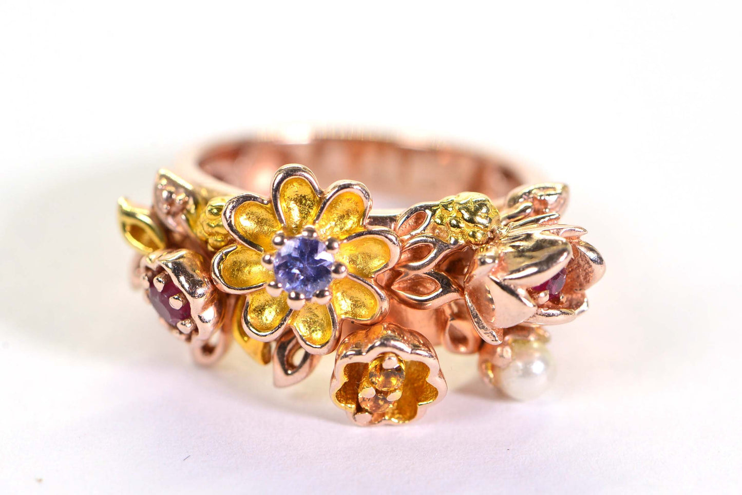 Multi Gemstone Flower Ring: Ruby, Tanzanite, Pearl, Rose Gold Vermeil, Size 6