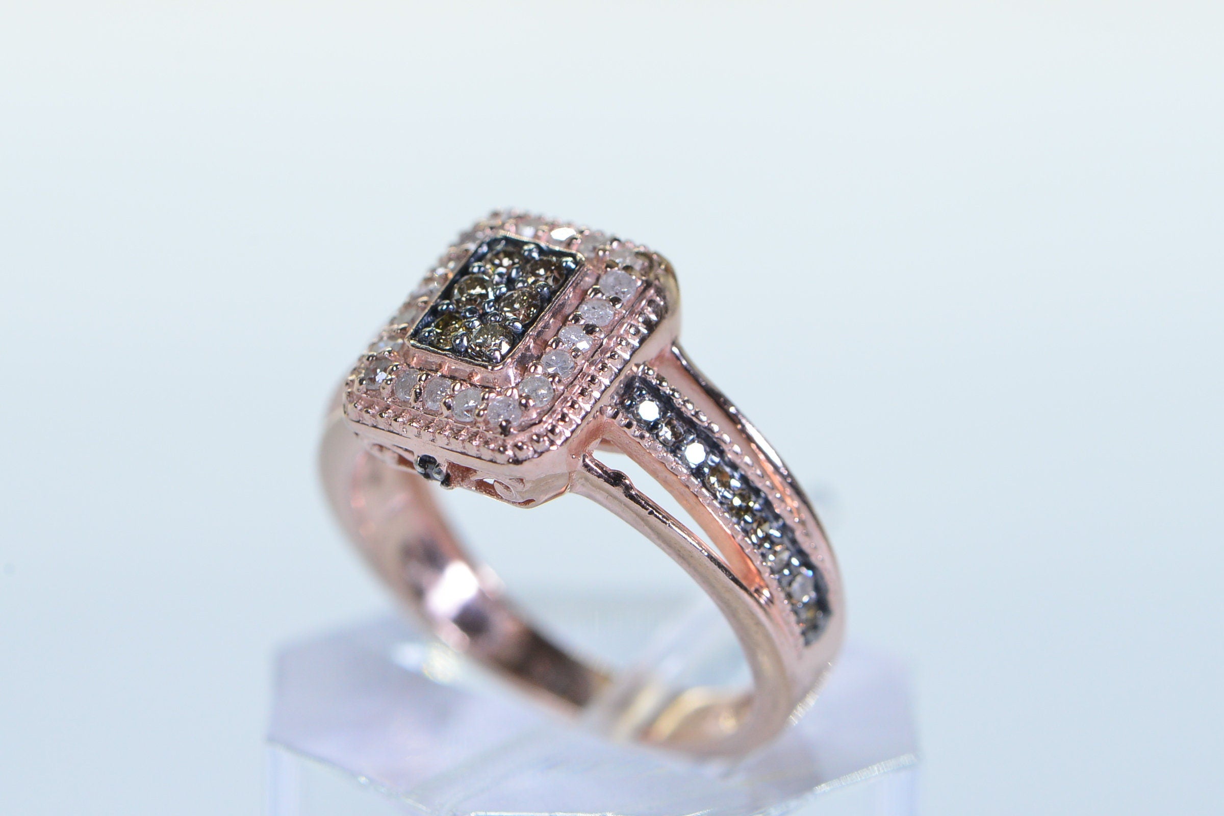 Halo Diamond Ring: Rose Gold Vermeil White & Brown Diamonds 7US size ring