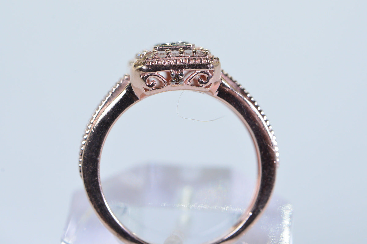 Halo Diamond Ring: Rose Gold Vermeil White & Brown Diamonds 7US size ring