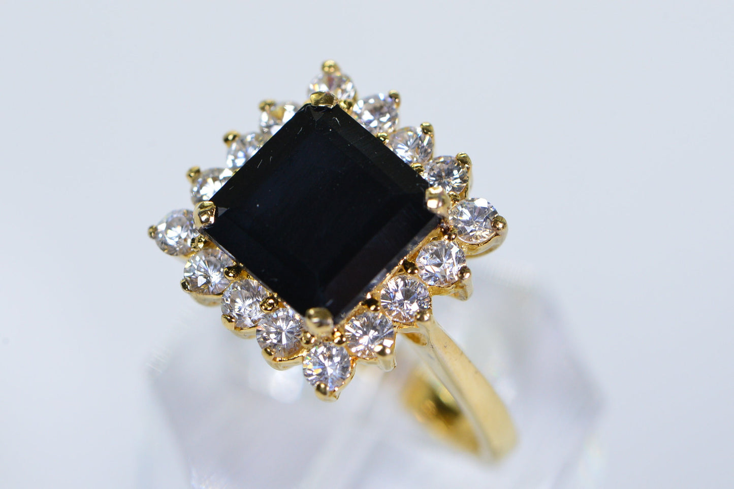 Vintage Black Onyx Halo Ring: 24K Gold Vermeil Sterling Silver