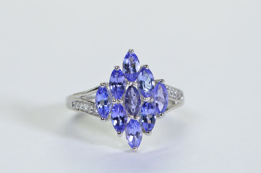 Tanzanite Marquise Cluster Ring: Sterling Silver Blue Purple Gemstone